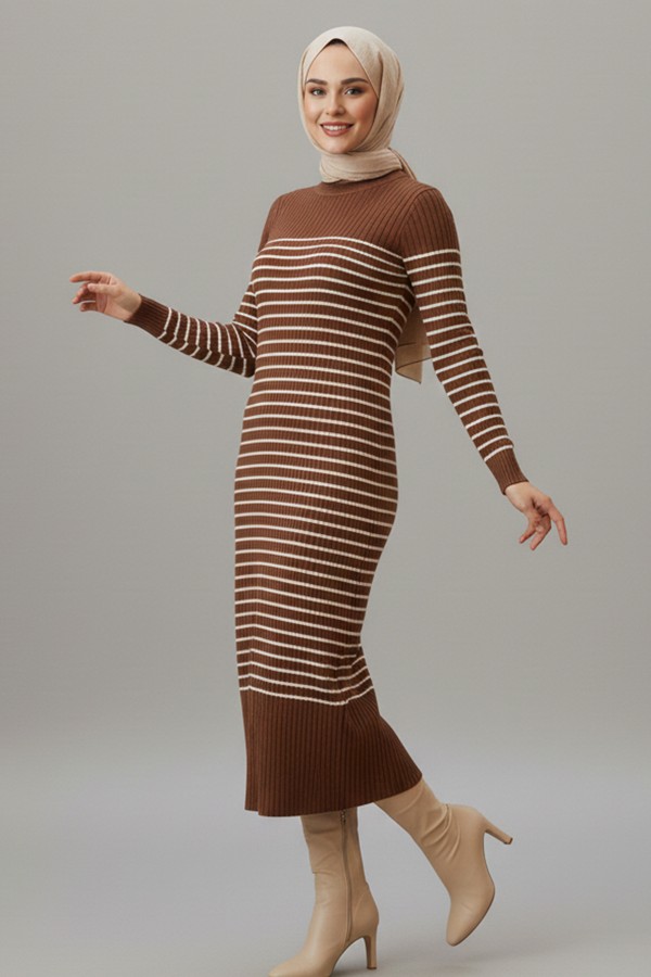 Balıkçı Yaka Çizgili Elbise Kahverengi 6104 Balıkçı Yaka Çizgili Elbise Kahverengi 6104