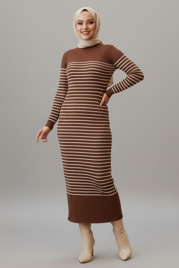 Balıkçı Yaka Çizgili Elbise Kahverengi 6104 Balıkçı Yaka Çizgili Elbise Kahverengi 6104