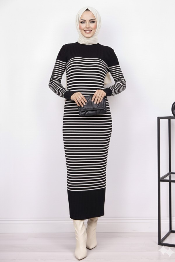 Balıkçı Yaka Çizgili Elbise Siyah 6104 Balıkçı Yaka Çizgili Elbise Siyah 6104