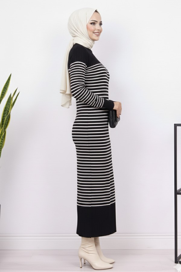 Balıkçı Yaka Çizgili Elbise Siyah 6104 Balıkçı Yaka Çizgili Elbise Siyah 6104