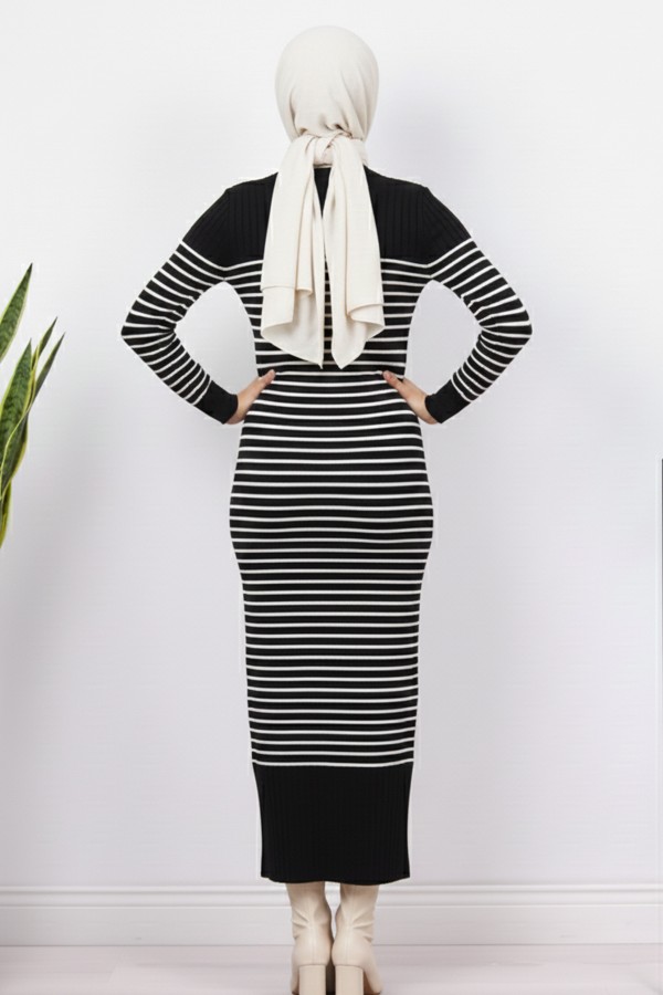 Balıkçı Yaka Çizgili Elbise Siyah 6104 Balıkçı Yaka Çizgili Elbise Siyah 6104