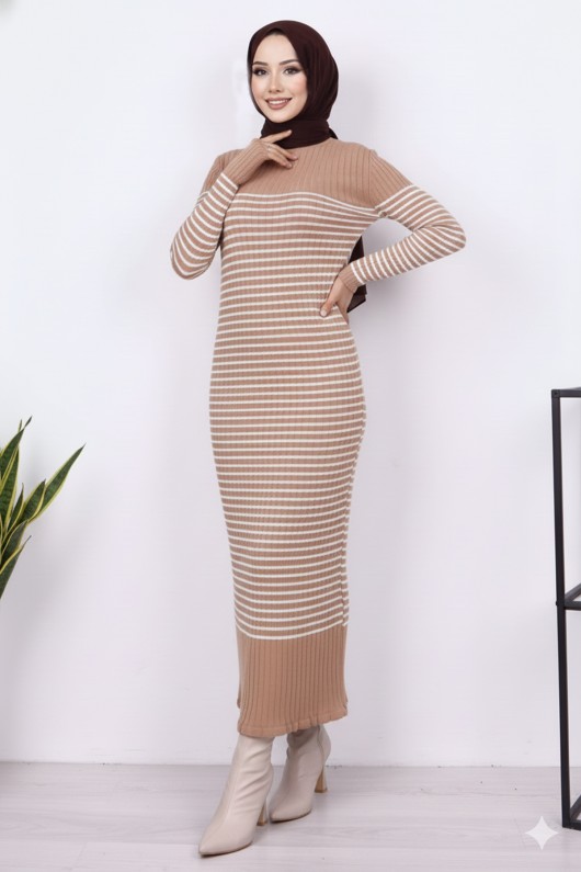 Balıkçı Yaka Çizgili Elbise Vizon 6104 Balıkçı Yaka Çizgili Elbise Vizon 6104