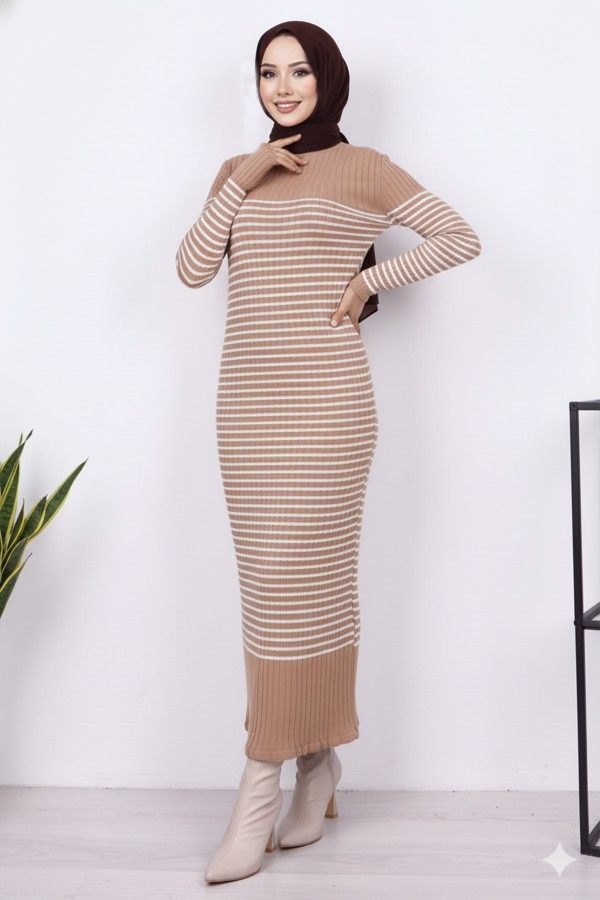 Balıkçı Yaka Çizgili Elbise Vizon 6104 Balıkçı Yaka Çizgili Elbise Vizon 6104