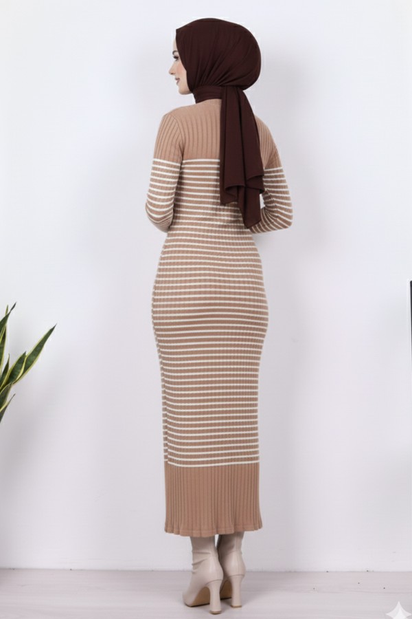 Balıkçı Yaka Çizgili Elbise Vizon 6104 Balıkçı Yaka Çizgili Elbise Vizon 6104