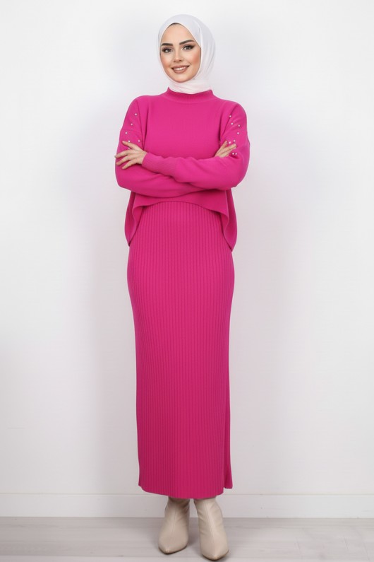  İnci Detaylı Jile Triko Takım Fuşya 6109
