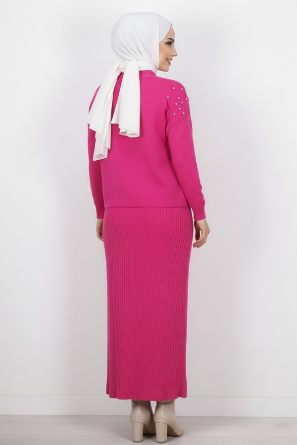  İnci Detaylı Jile Triko Takım Fuşya 6109