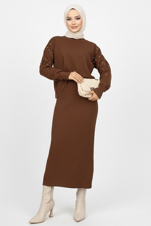  İnci Detaylı Jile Triko Takım Kahverengi 6109