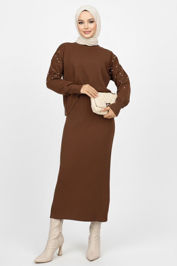  İnci Detaylı Jile Triko Takım Kahverengi 6109