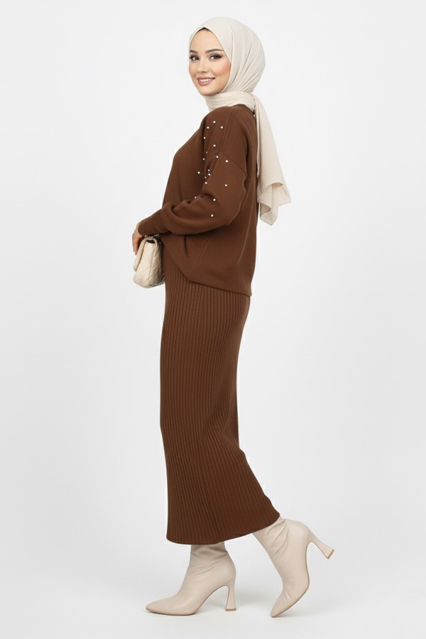  İnci Detaylı Jile Triko Takım Kahverengi 6109