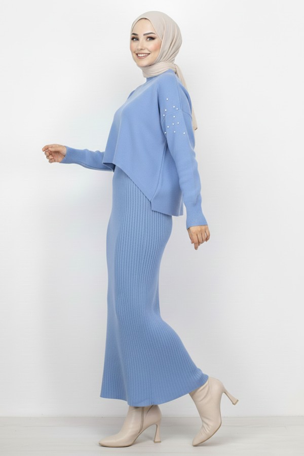  İnci Detaylı Jile Triko Takım Mavi 6109