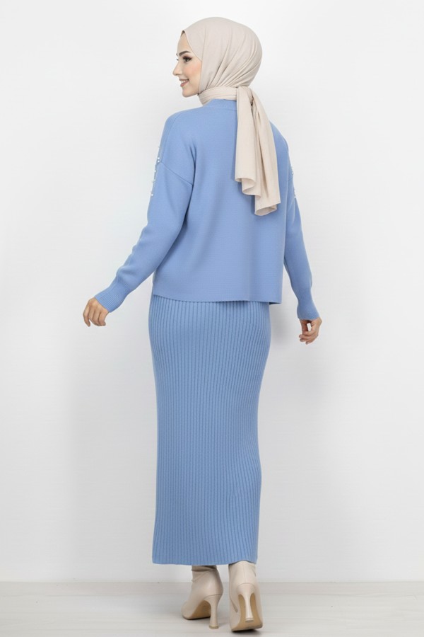  İnci Detaylı Jile Triko Takım Mavi 6109