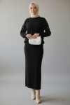  İnci Detaylı Jile Triko Takım Siyah 6109