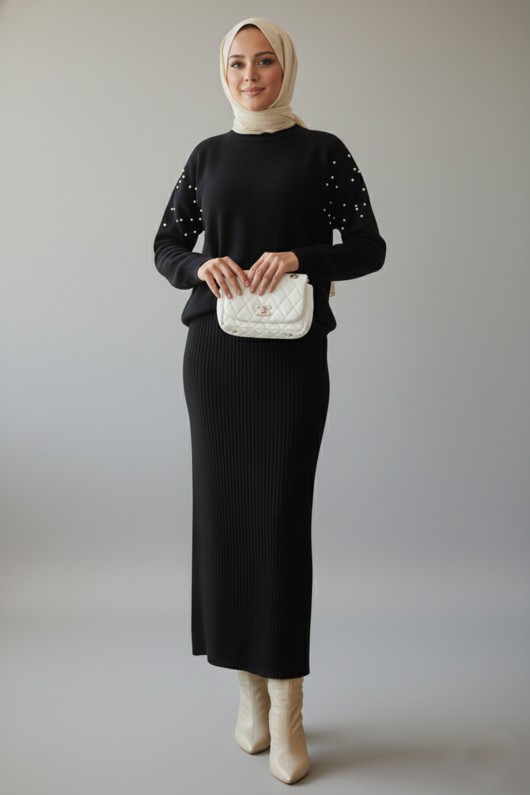  İnci Detaylı Jile Triko Takım Siyah 6109