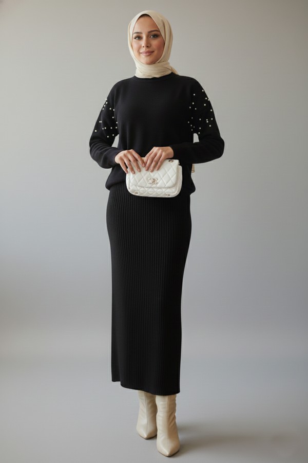  İnci Detaylı Jile Triko Takım Siyah 6109