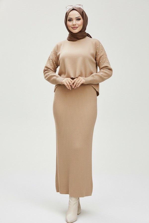  İnci Detaylı Jile Triko Takım Vizon 6109