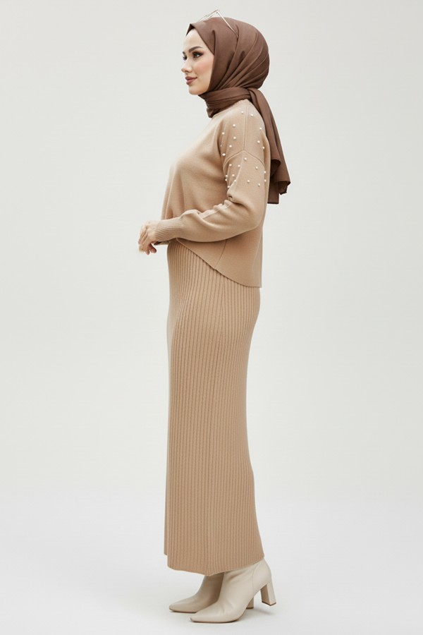  İnci Detaylı Jile Triko Takım Vizon 6109