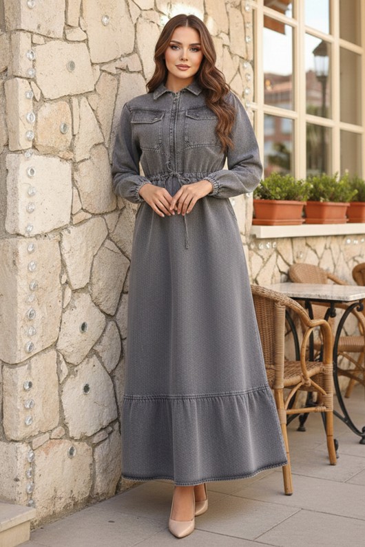 Beli Bağcıklı Cepli Kot Elbise Gri 6116