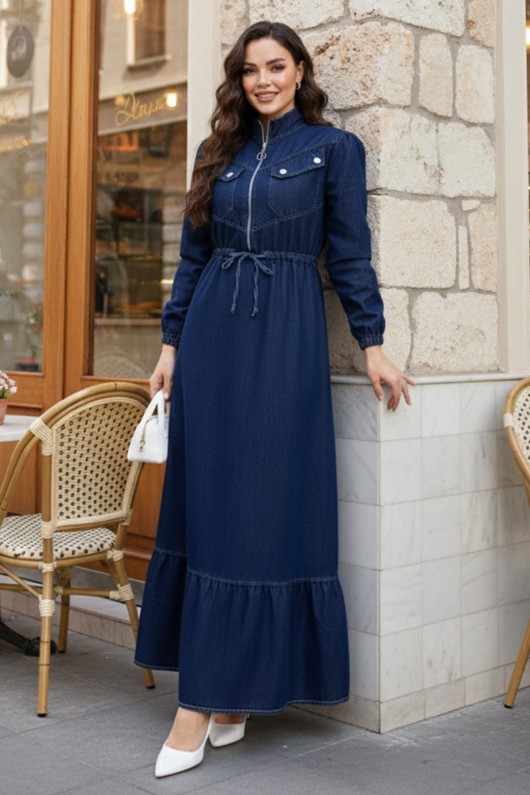 Beli Bağcıklı Cepli Kot Elbise Lacivert 6116