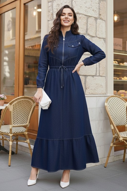 Beli Bağcıklı Cepli Kot Elbise Lacivert 6116 Beli Bağcıklı Cepli Kot Elbise Lacivert 6116