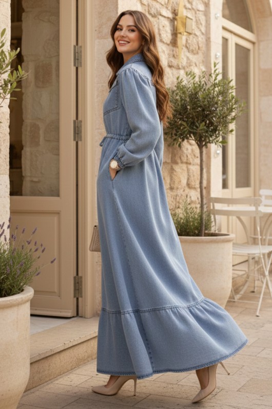 Beli Bağcıklı Cepli Kot Elbise Mavi 6116 Beli Bağcıklı Cepli Kot Elbise Mavi 6116