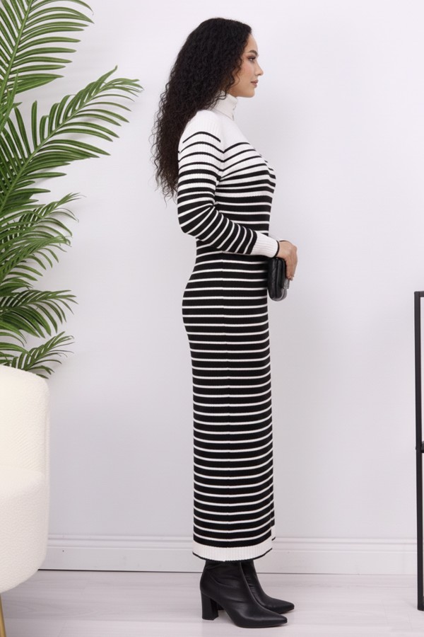 Balıkçı Yaka Çizgili Triko Elbise Ekru 6143 Balıkçı Yaka Çizgili Triko Elbise Ekru 6143