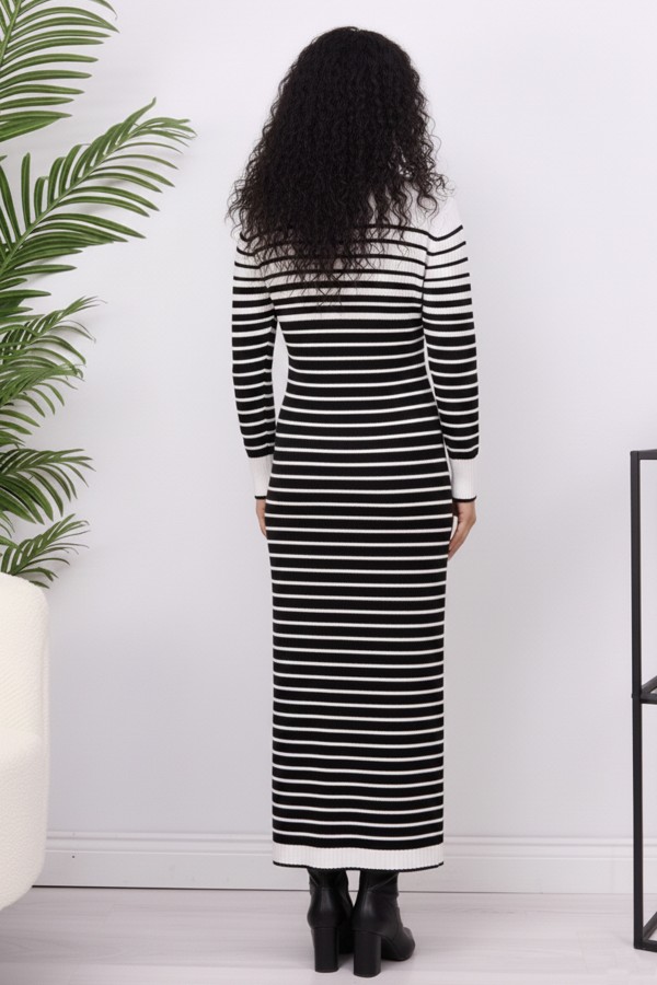 Balıkçı Yaka Çizgili Triko Elbise Ekru 6143 Balıkçı Yaka Çizgili Triko Elbise Ekru 6143