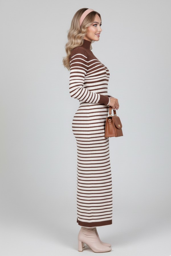  Balıkçı Yaka Çizgili Triko Elbise Kahverengi 6143