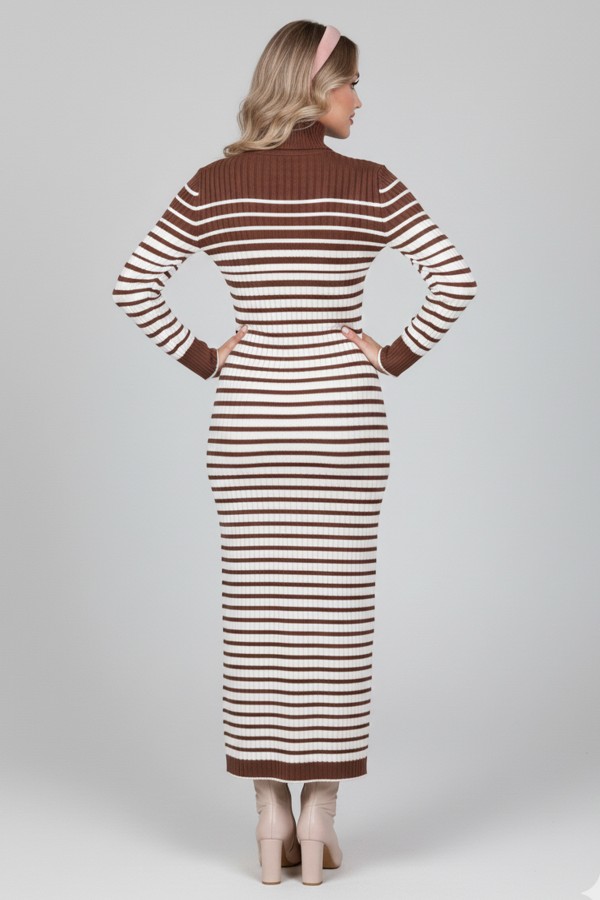  Balıkçı Yaka Çizgili Triko Elbise Kahverengi 6143