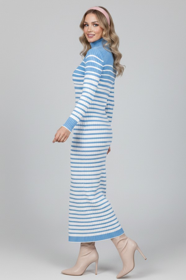  Balıkçı Yaka Çizgili Triko Elbise Mavi 6143