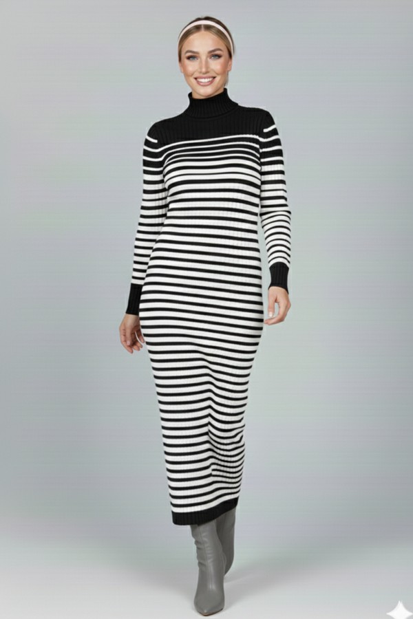 Balıkçı Yaka Çizgili Triko Elbise Siyah 6143 Balıkçı Yaka Çizgili Triko Elbise Siyah 6143