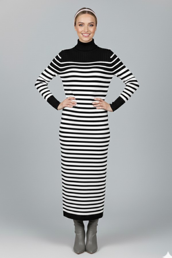 Balıkçı Yaka Çizgili Triko Elbise Siyah 6143 Balıkçı Yaka Çizgili Triko Elbise Siyah 6143