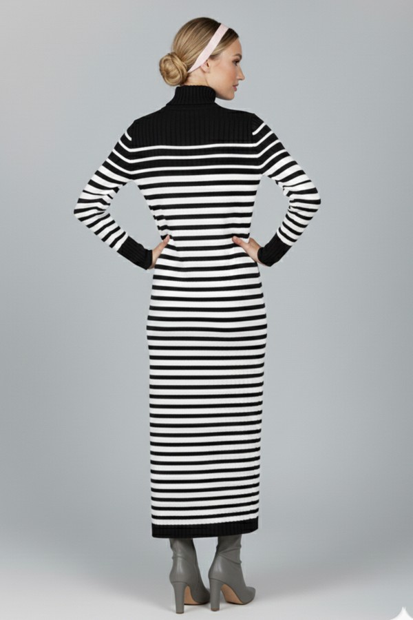 Balıkçı Yaka Çizgili Triko Elbise Siyah 6143 Balıkçı Yaka Çizgili Triko Elbise Siyah 6143