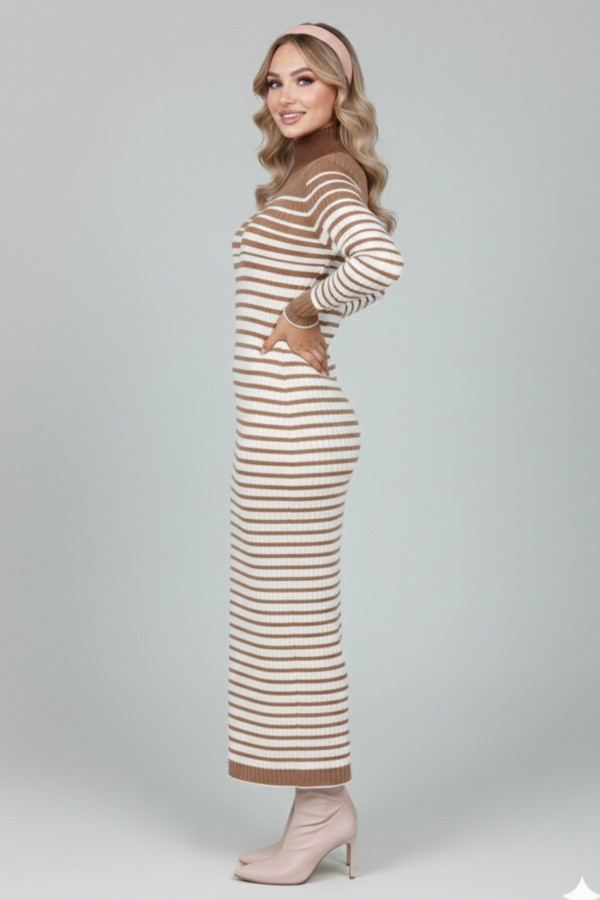  Balıkçı Yaka Çizgili Triko Elbise Vizon 6143