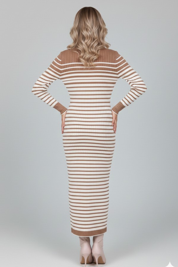  Balıkçı Yaka Çizgili Triko Elbise Vizon 6143