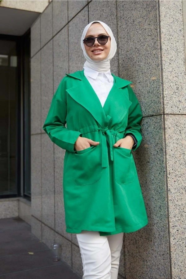  Bel Büzgülü Tesettür Kısa Trenç Yeşil 61517