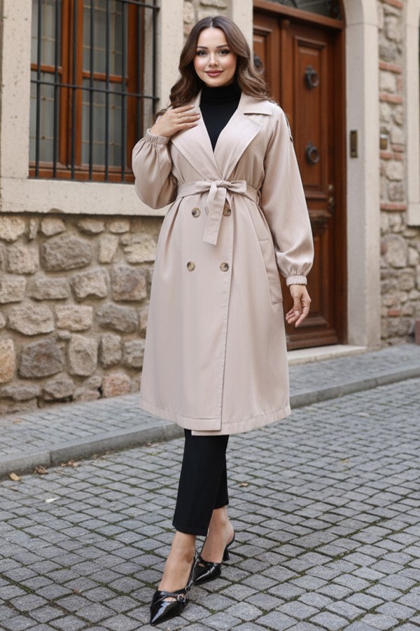  Çizgili Trençkot Bej 61673