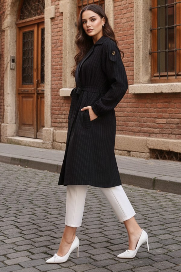 Çizgili Trençkot Siyah 61673 Çizgili Trençkot Siyah 61673