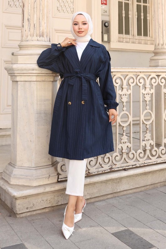 Çizgili Trençkot Lacivert 61673  Çizgili Trençkot Lacivert 61673
