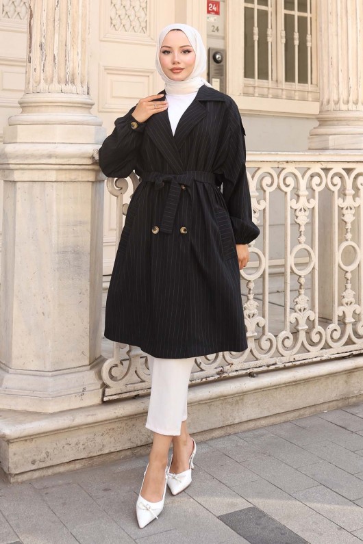 Çizgili Trençkot Siyah 61673  Çizgili Trençkot Siyah 61673
