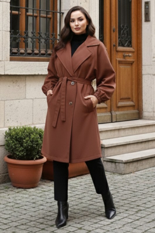  Kuşaklı Trençkot Kahverengi 61674