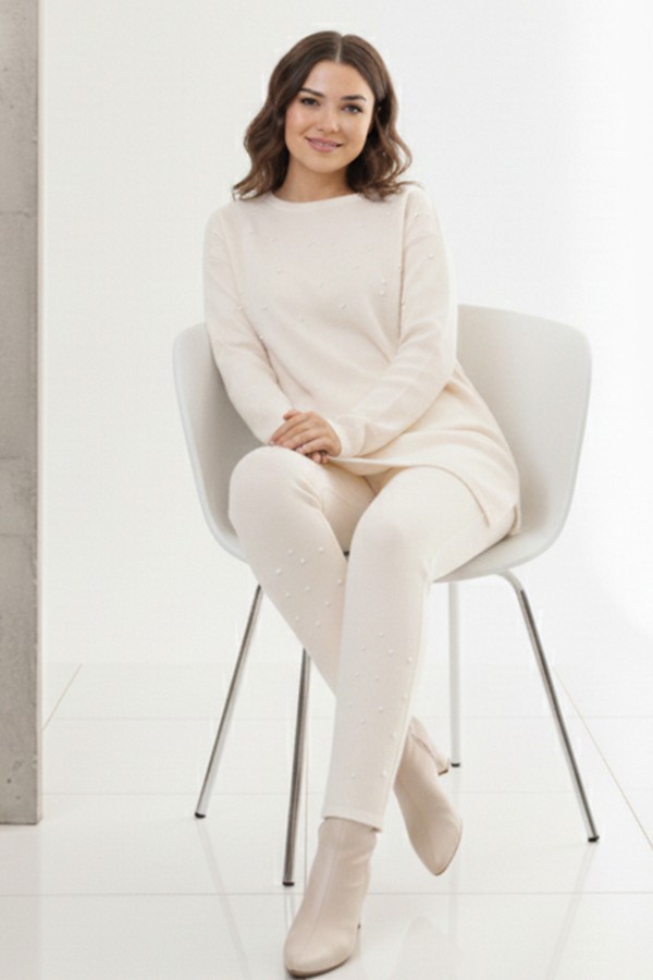  Taş Detaylı Triko Takım Ekru 6205