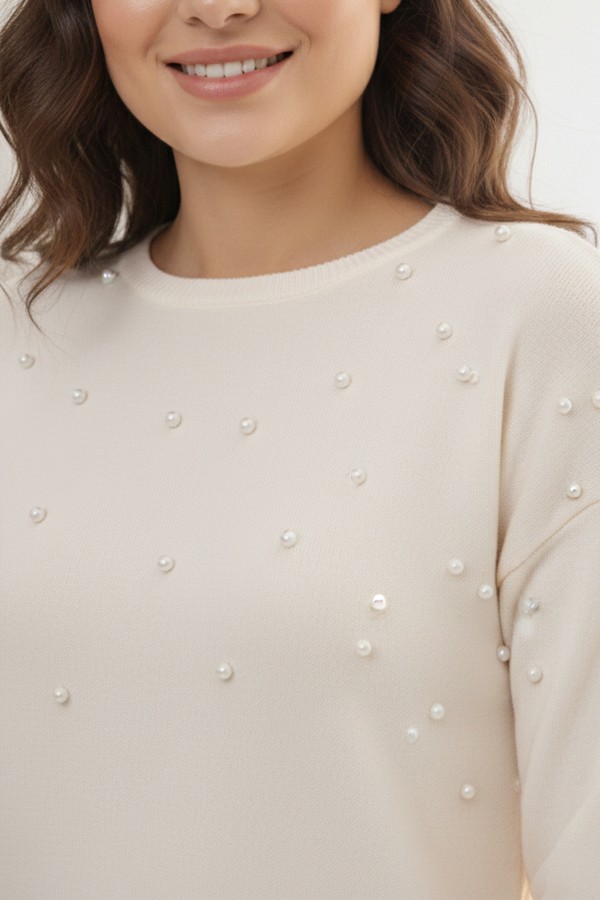  Taş Detaylı Triko Takım Ekru 6205