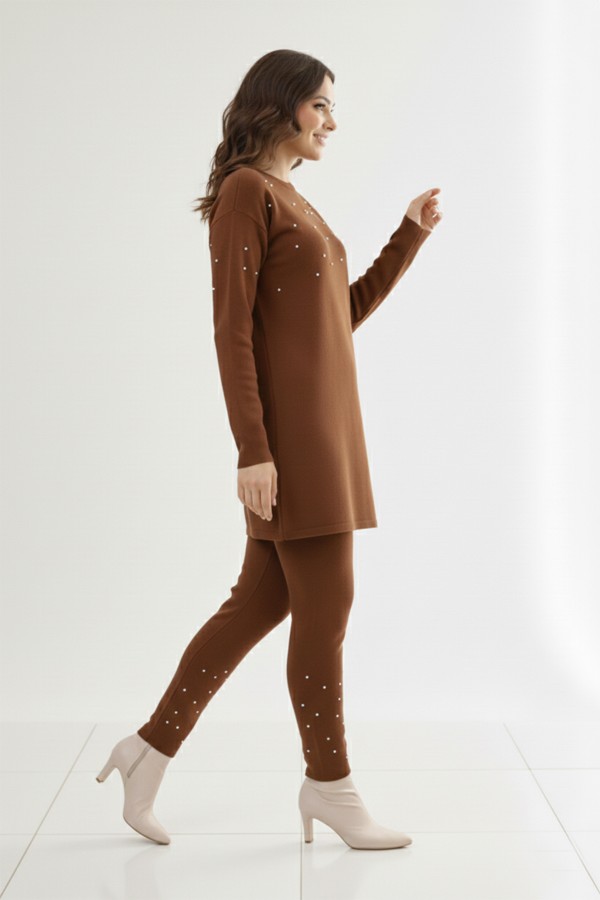  Taş Detaylı Triko Takım Kahverengi 6205