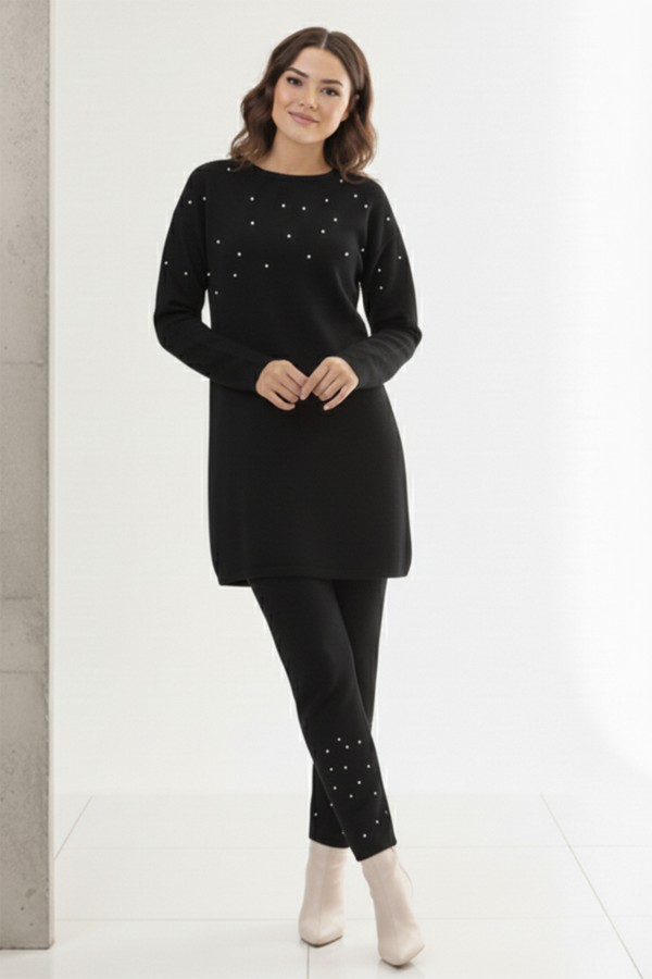  Taş Detaylı Triko Takım Siyah 6205