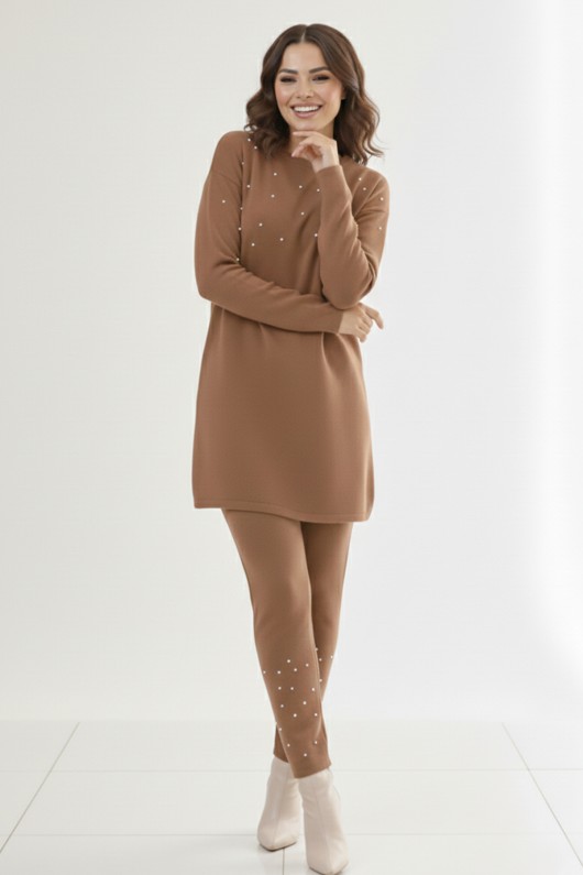  Taş Detaylı Triko Takım Vizon 6205