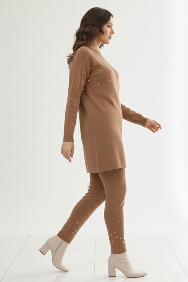  Taş Detaylı Triko Takım Vizon 6205