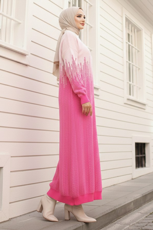  Desenli Triko Elbise Fuşya 6208