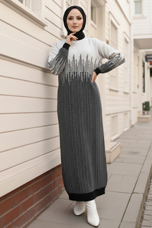  Desenli Triko Elbise Siyah 6208