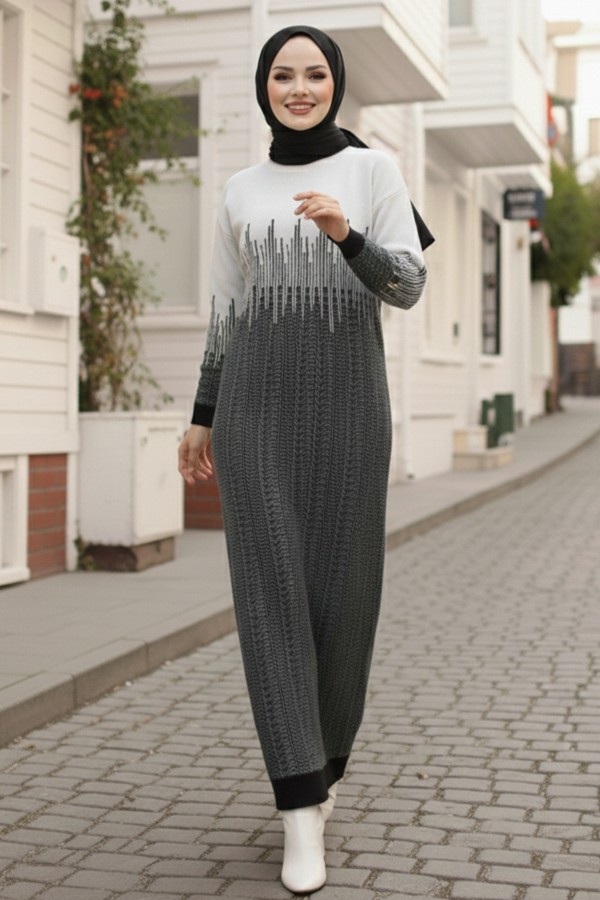 Desenli Triko Elbise Siyah 6208 Desenli Triko Elbise Siyah 6208