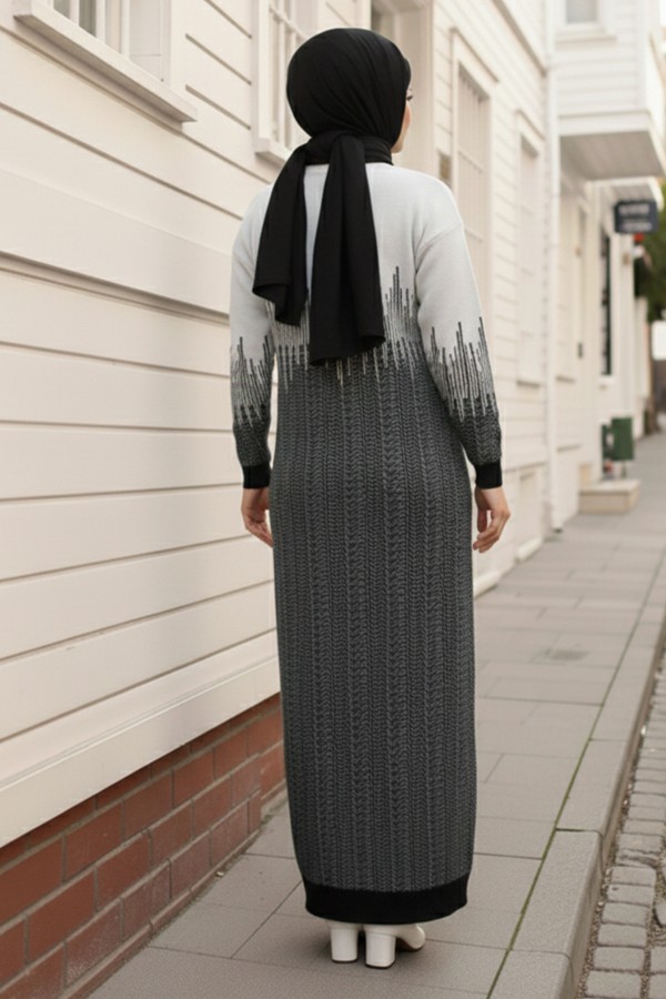 Desenli Triko Elbise Siyah 6208 Desenli Triko Elbise Siyah 6208